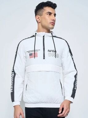PULL&BEAR White Hooded NASA Windbreaker jacket hoodie sweater LOGO USA flag